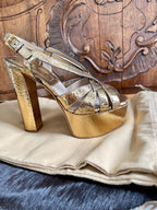 Gold cracleque leather Candace platform heeled sandals