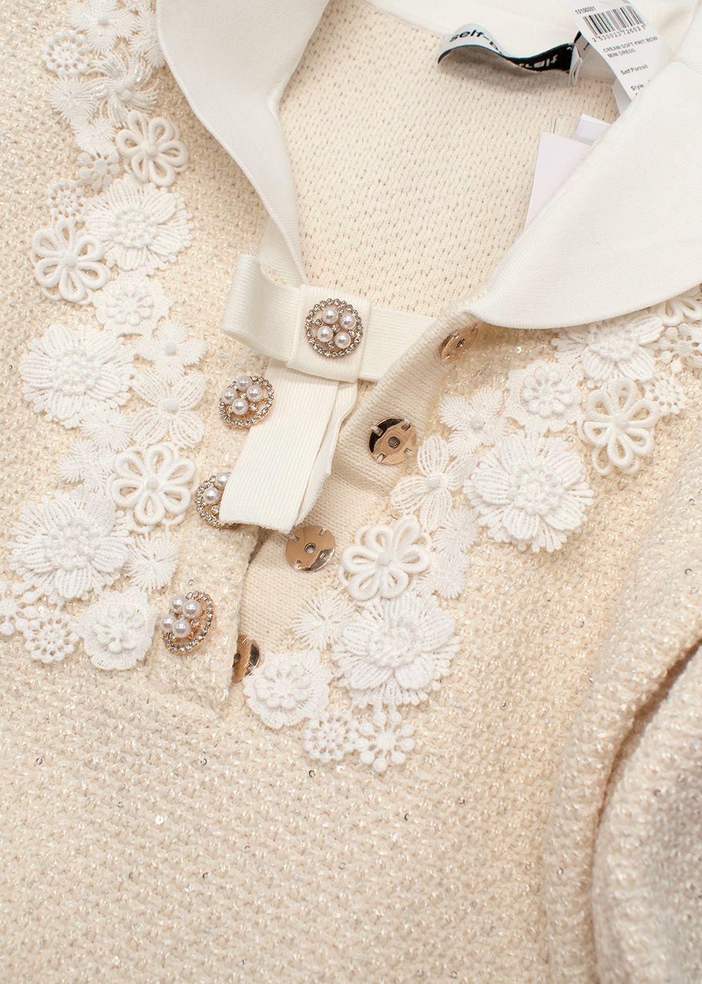 Self Portrait Cream Bow Embellished Knitted Mini Dress