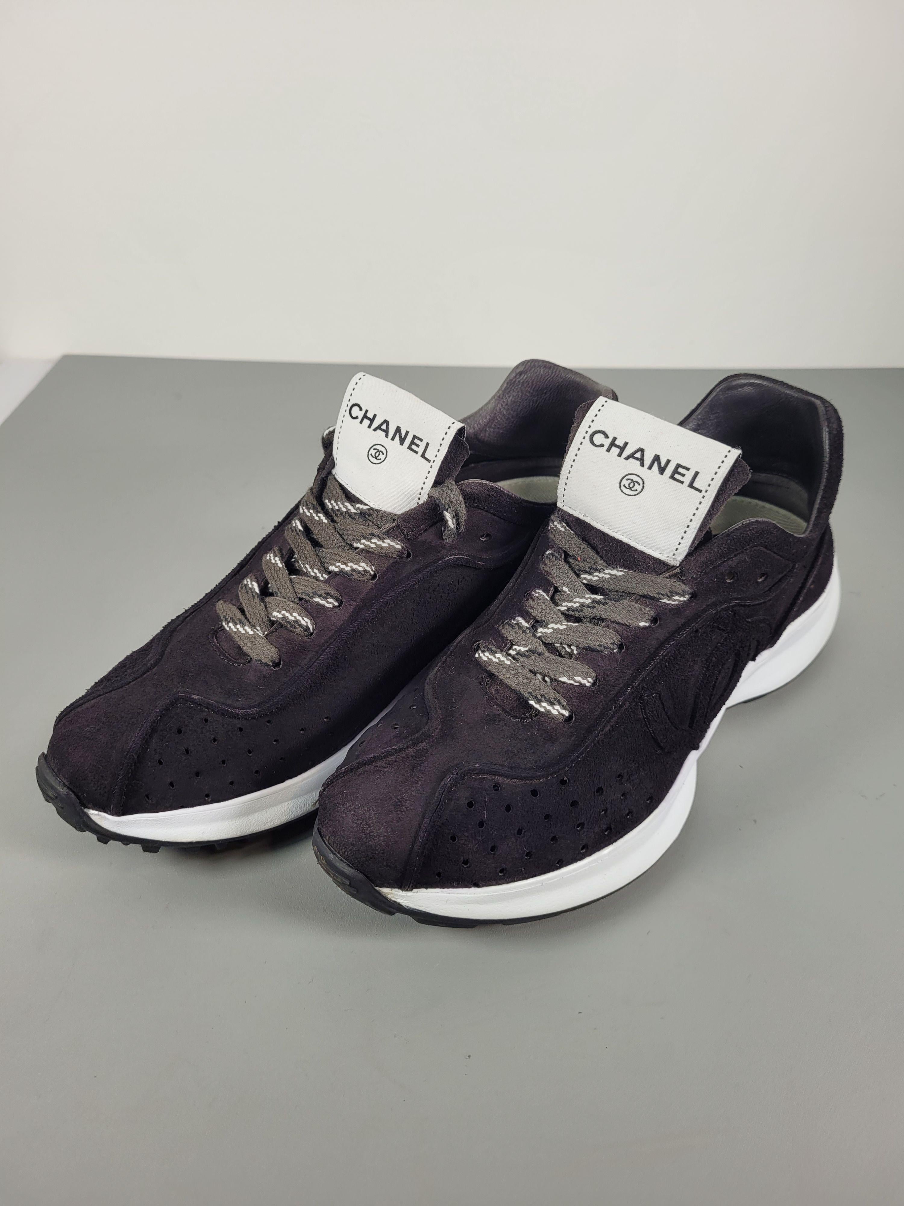 Chanel Black Suede Low Top Logo Sneakers