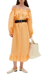 Sleeper Orange Romantica Bardot Linen Midi Dress