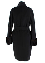 MaxMara Black Camel Hair Wrap Coat with Fur Cuffs