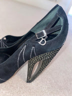 Vintage black suede & crystal cut-out heeled pumps