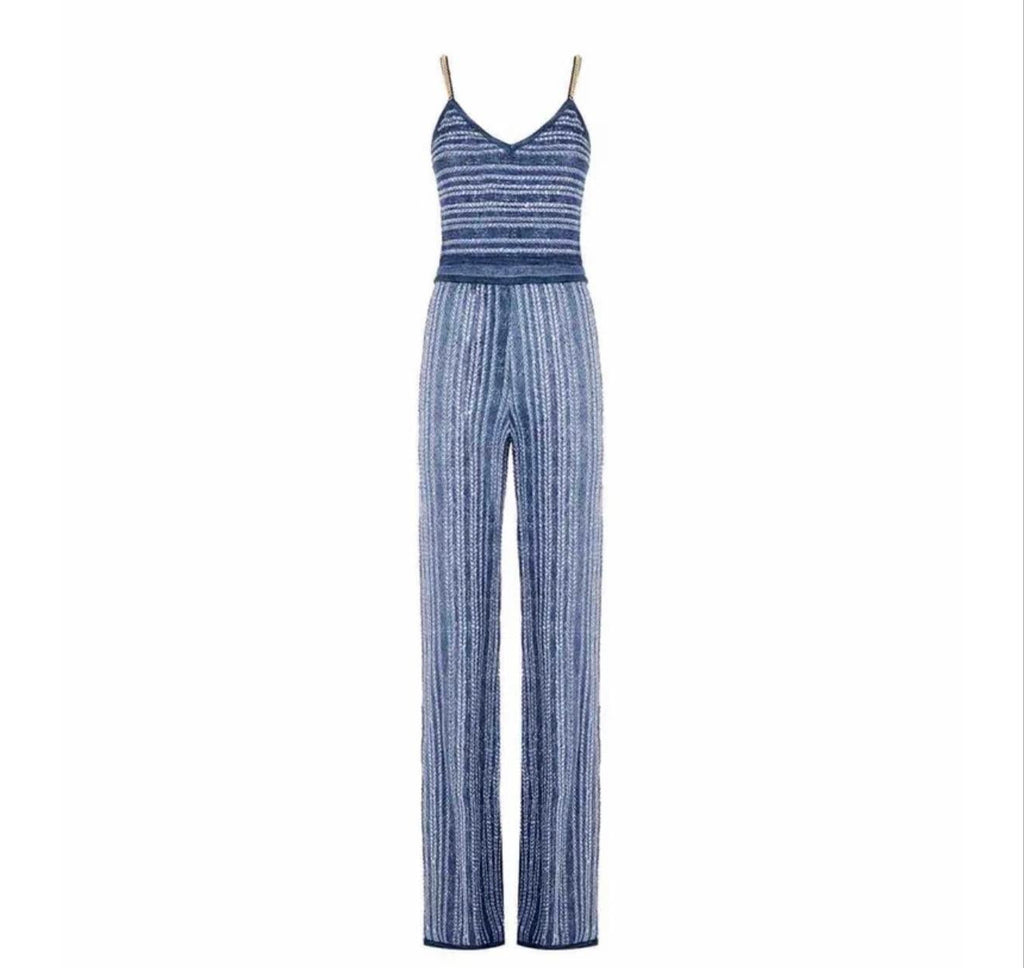 Blue Knit Jumpsuit With Chain Strap Detail