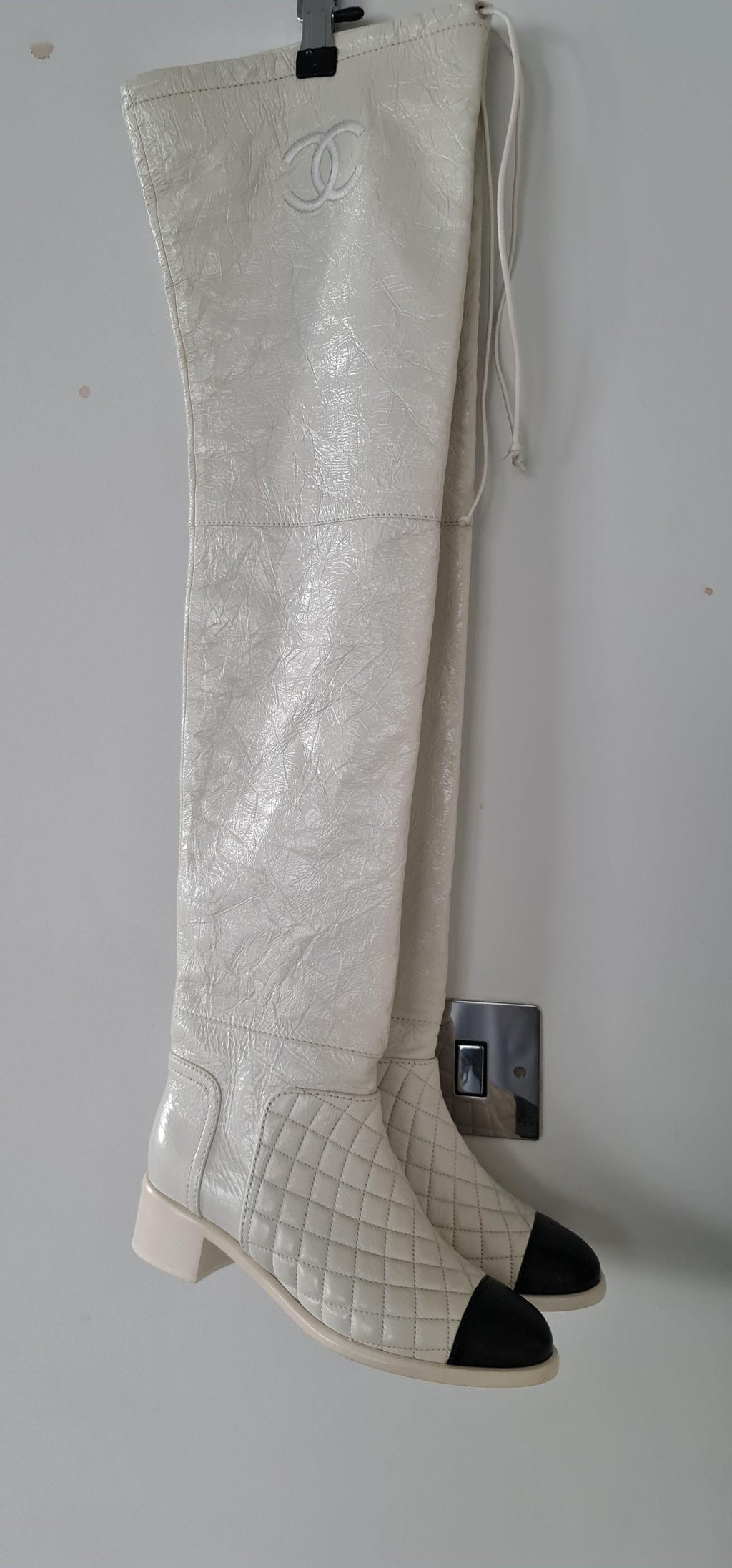 Chanel White Knee High Leather Boots