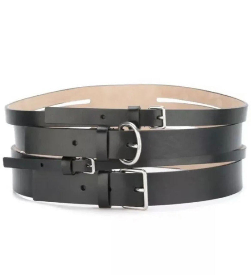 black leather multi-buckle waist belt 70