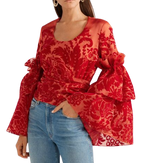 Red Flocked Silk Organza Top