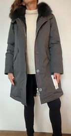Yves Salomon Grey Fur Lined Fox Trim Hooded Parka