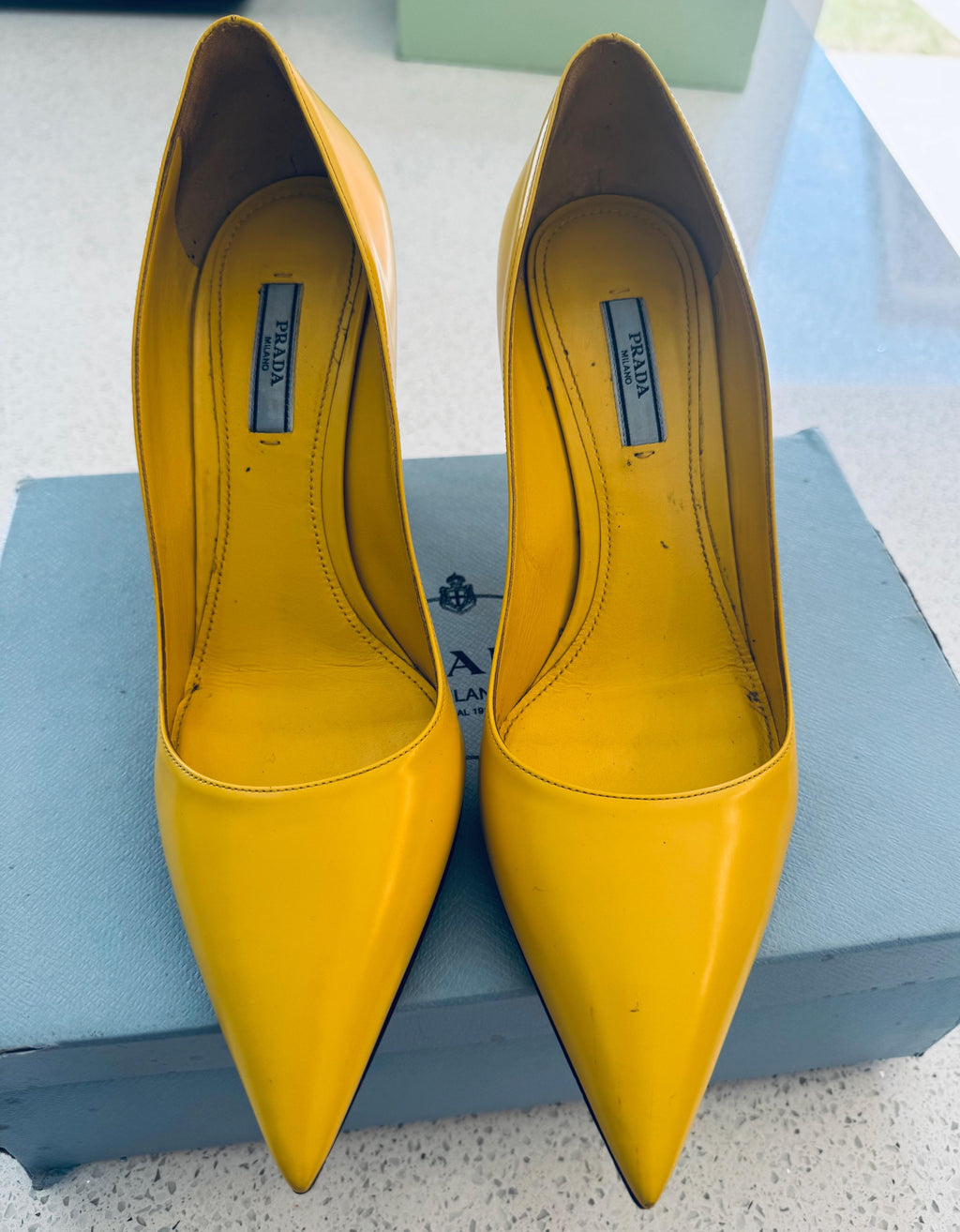 Prada Yellow Leather Heeled Pumps