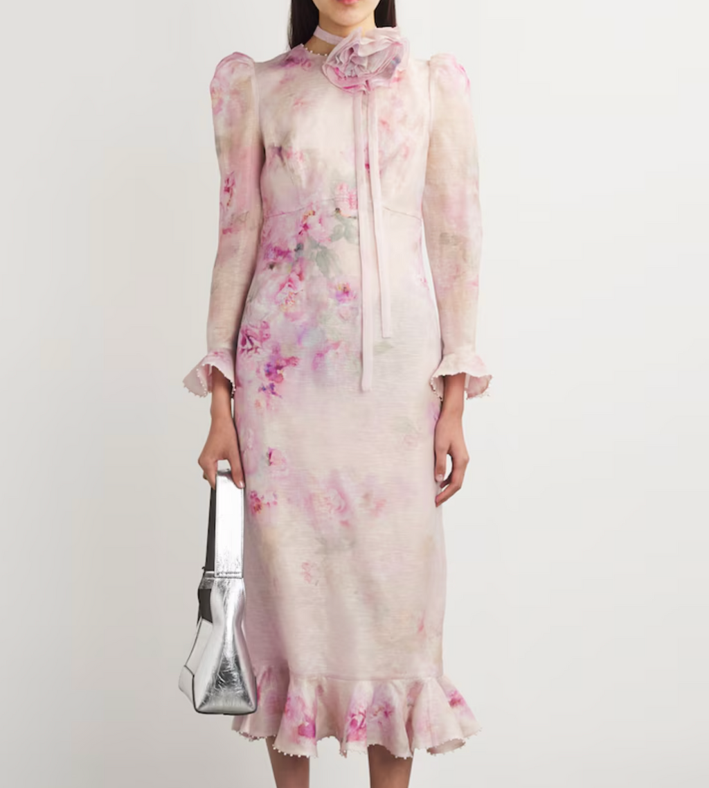 Zimmermann Linen-Silk Floral-Embellished Midi Dress