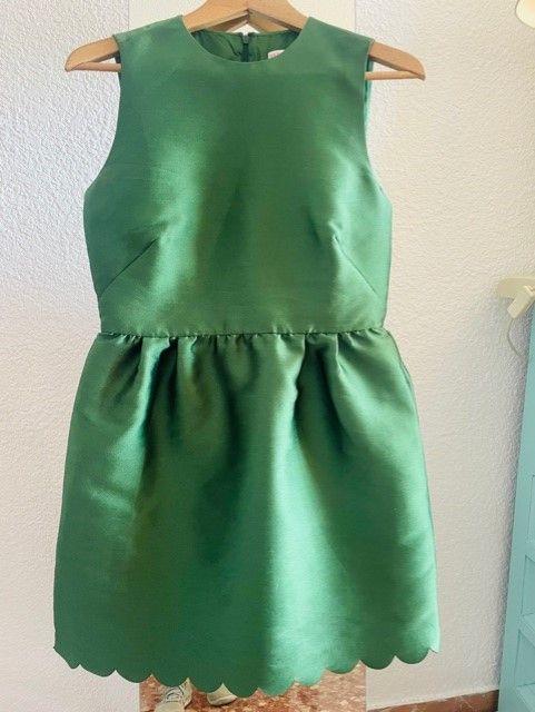 Green satin scallop hem dress