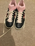 Gucci pink web lace black leather trainers