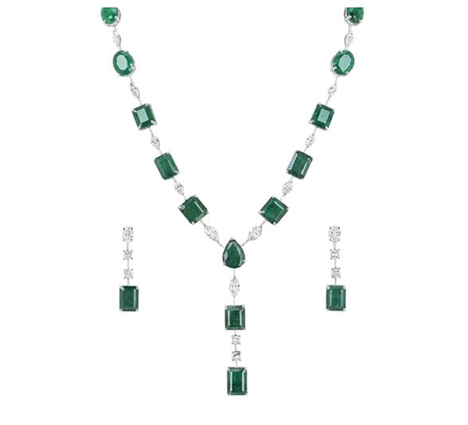 18ct white gold, diamond & emerald jewellery suite