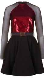 Hasan Hejazi Black & Red Sequin Skater Mini Dress