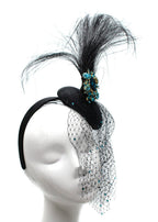 Black & Peacock Blue Crystal Embellished Mini Disc Fascinator with Veil