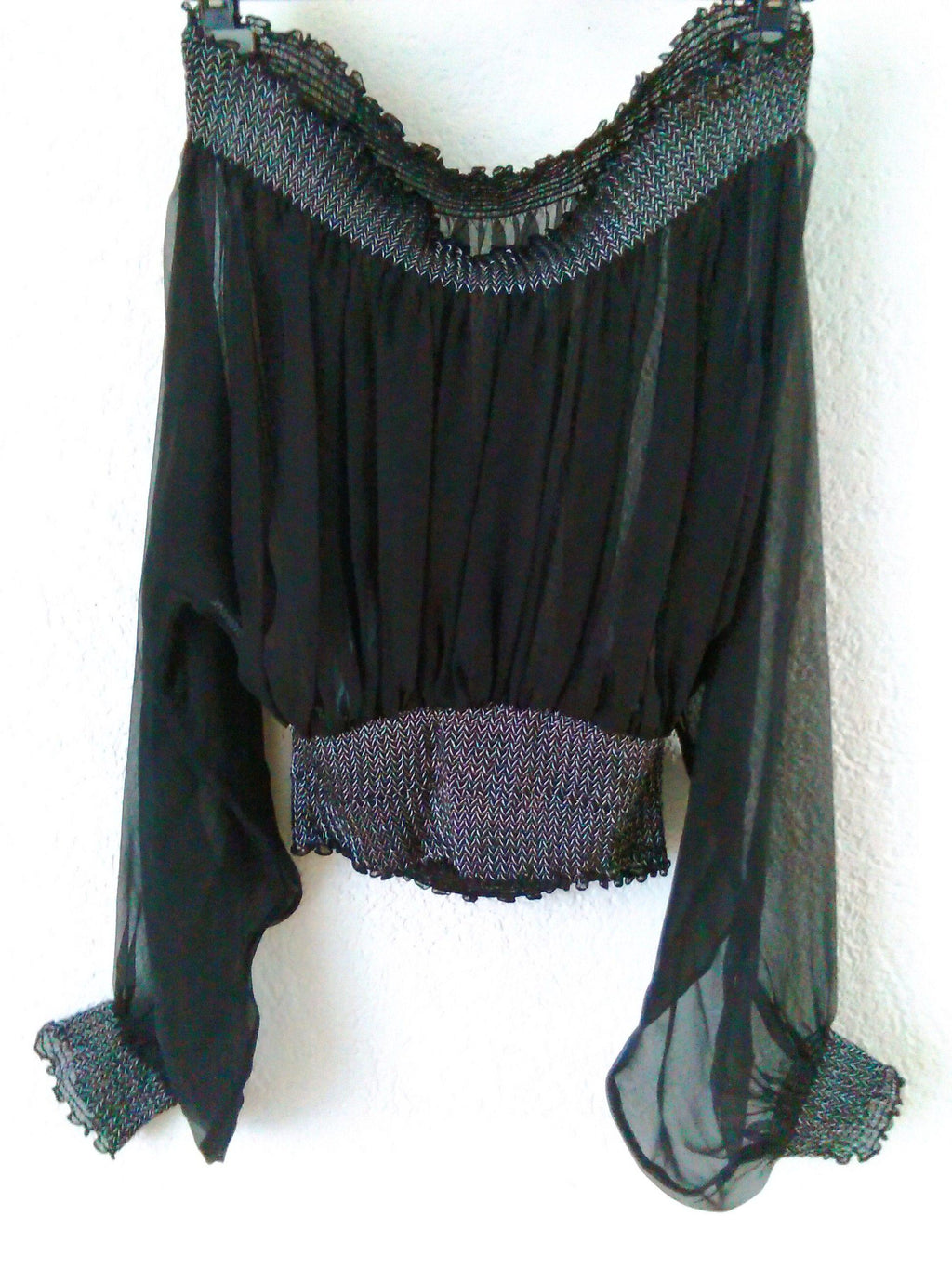 Black Silk Chiffon Off-Shoulder Top