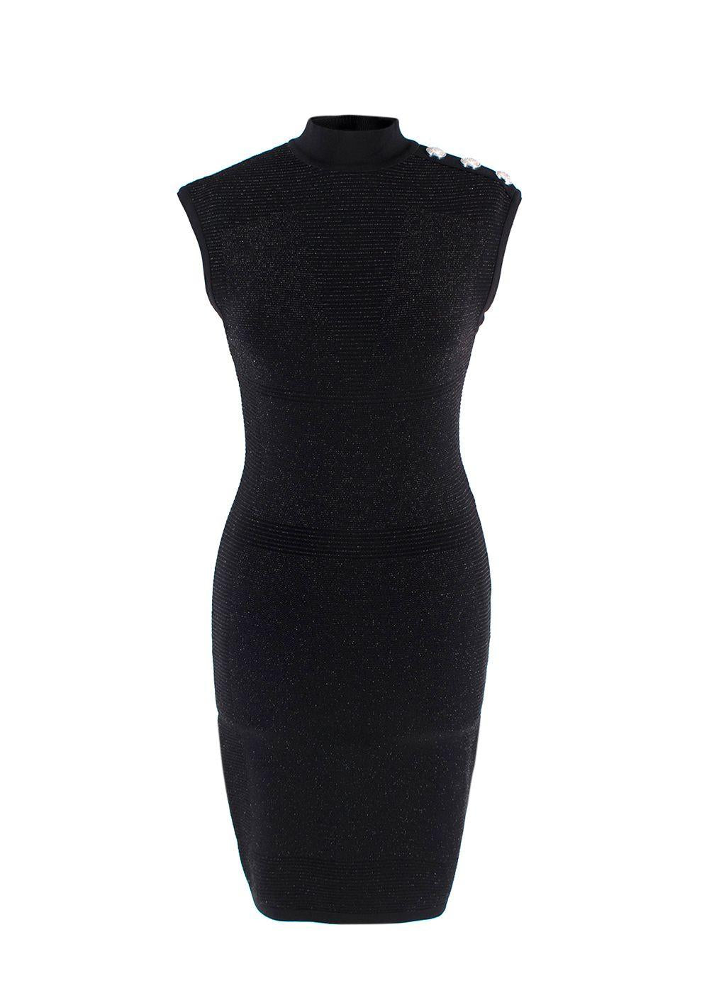 Balmain Black Metallic Ribbed Midi Dress with Silver Button Detail