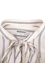 Balenciaga White and Blue Striped Silk Logo Shirt