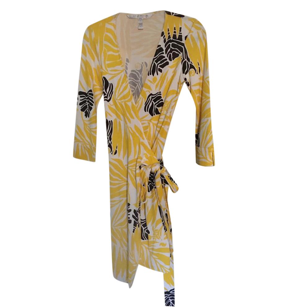 DVF Yellow Silk Floral Wrap Dress