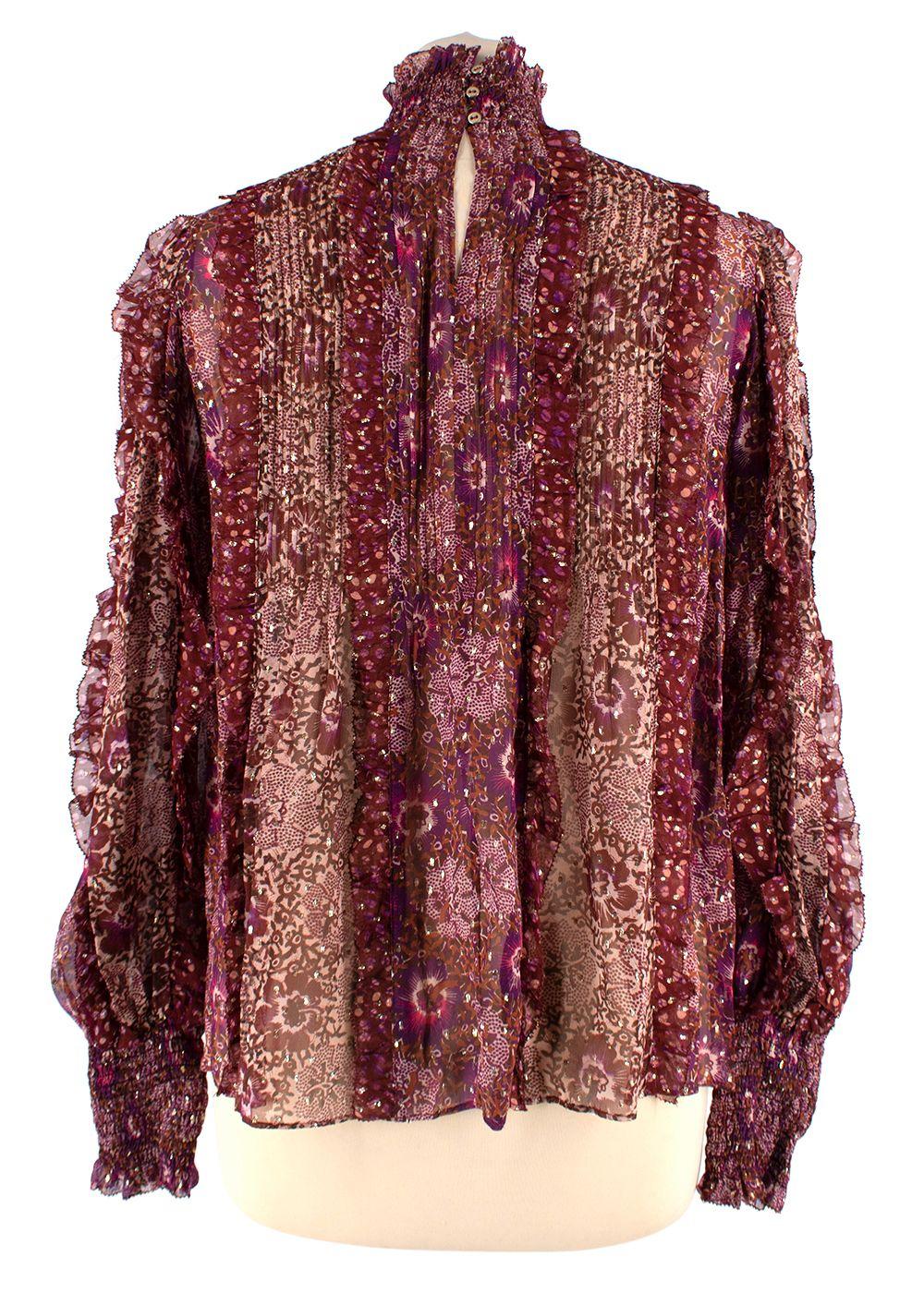 Ulla Johnson Burgundy Patterned Sheer Silk Elita Blouse