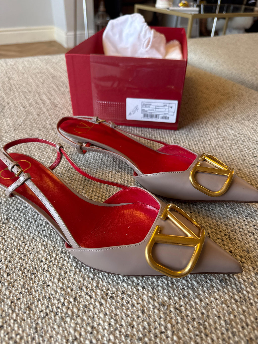 Valentino Beige Kitten Heel Sling Back Pumps