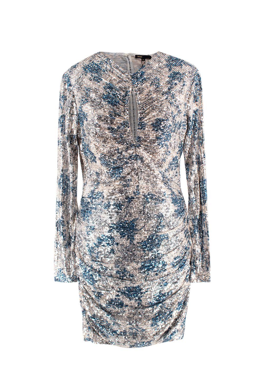 Maje Silver/ Blue Raquine Sequin-Embellished Draped Mini Dress
