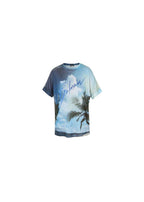 Blue digital print linen T-shirt