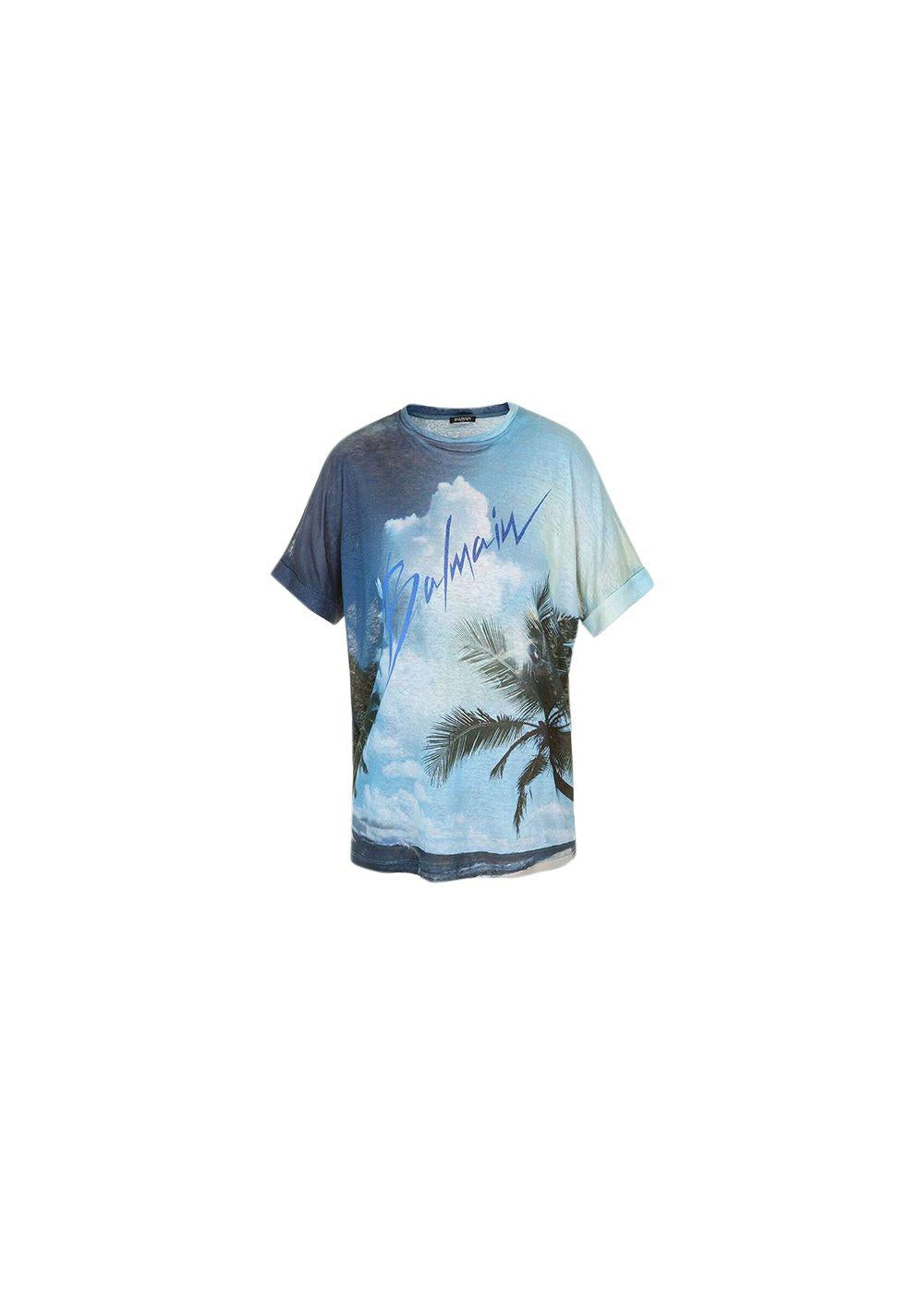Blue digital print linen T-shirt
