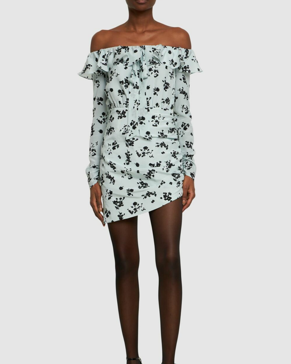 Alessandra Rich Printed Off-The-Shoulder Silk Mini Dress