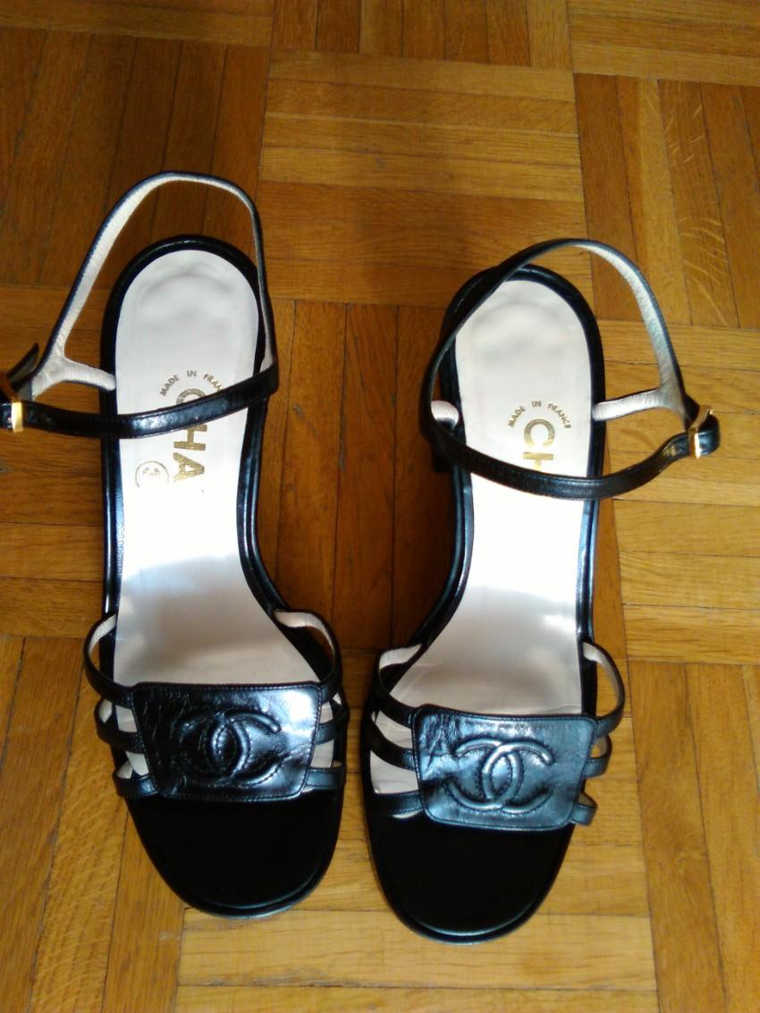 Chanel Black Leather Logo Plate Block Heel Sandals