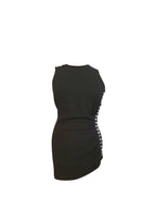 Black wool crepe crystal embellished ruched mini dress