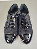Chanel Black Patent Leather and Tweed Brogues