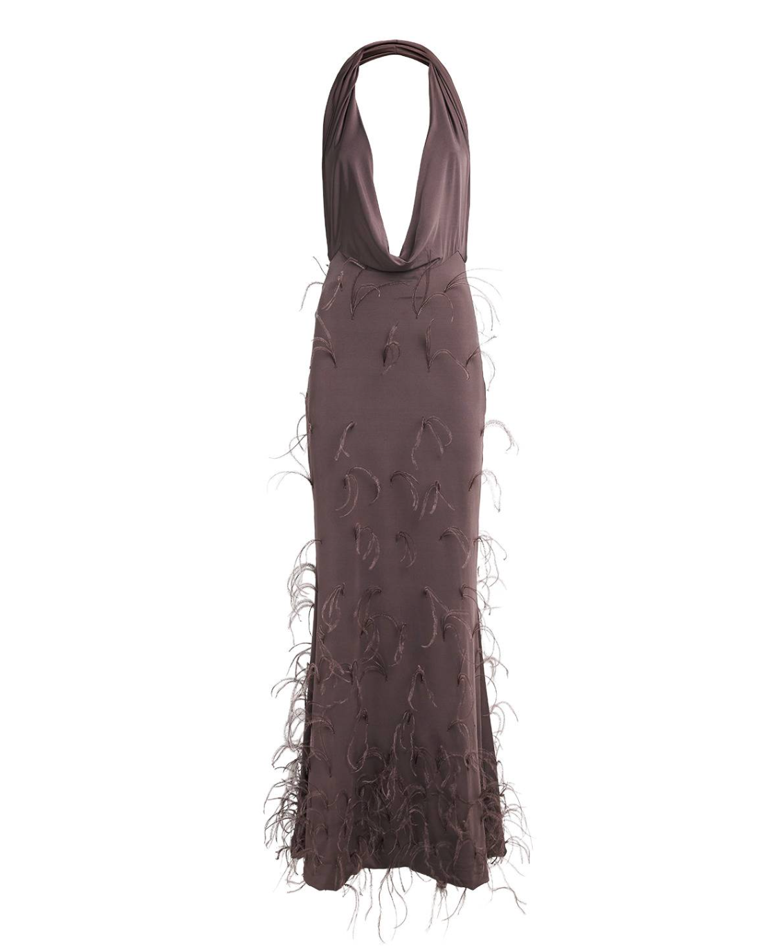 Lapointe Lightweight Jersey Deep Cowl Neck Gown With Feathers