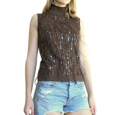 Escada Brown Wool Feather Sequins Sleeveless Top