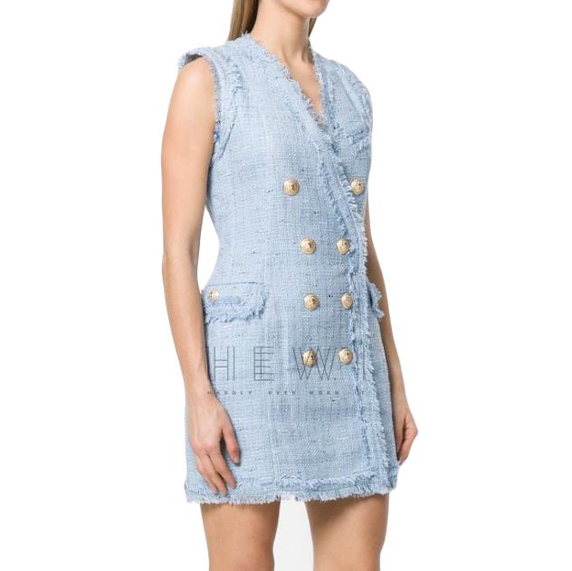 Balmain Pale Blue Tweed Sleeveless Dress