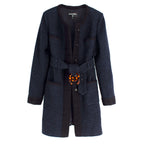 Chanel Navy Houndstooth Belted Wool Jacket