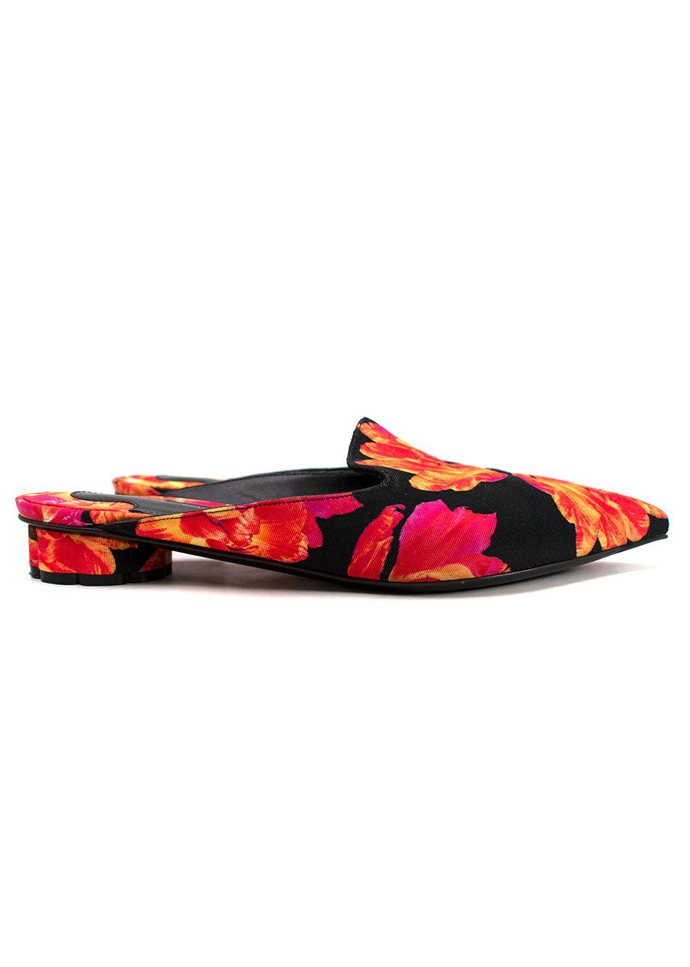 Salvatore Ferragamo Red and Black Floral Pointed Mules
