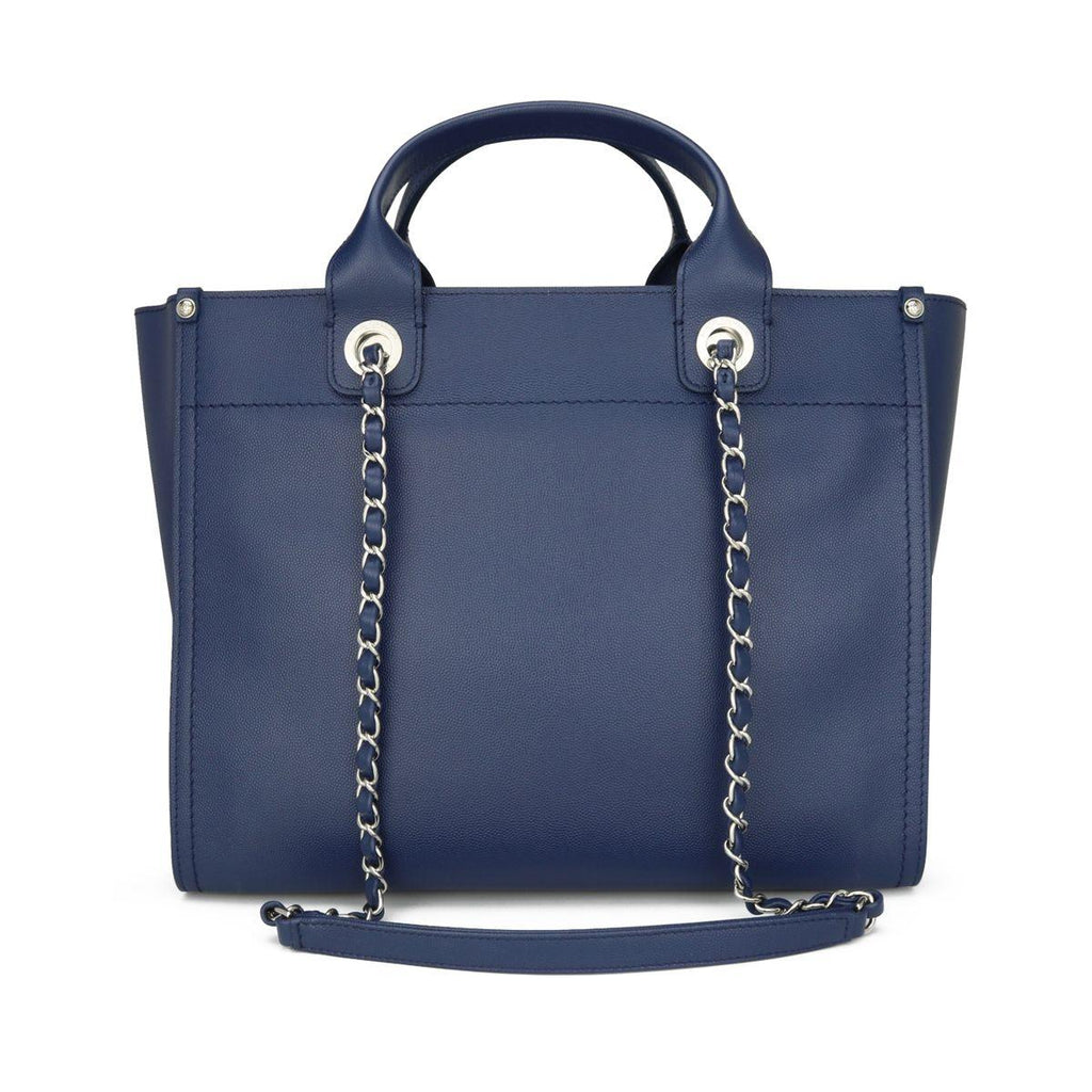 Studded Navy Blue Caviar Deauville Tote Small