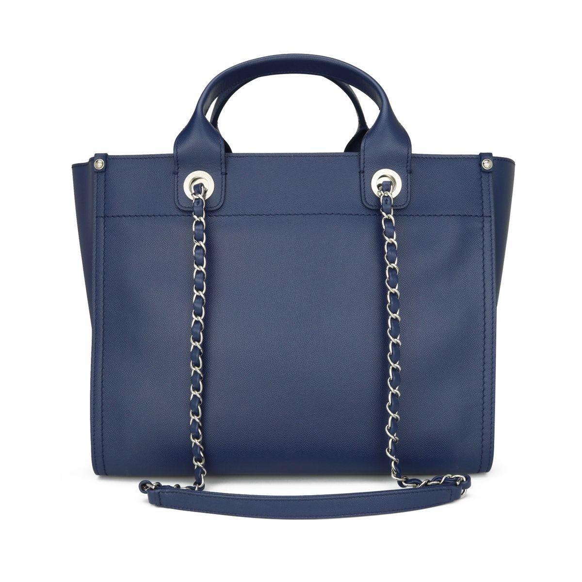 Studded Navy Blue Caviar Deauville Tote Small