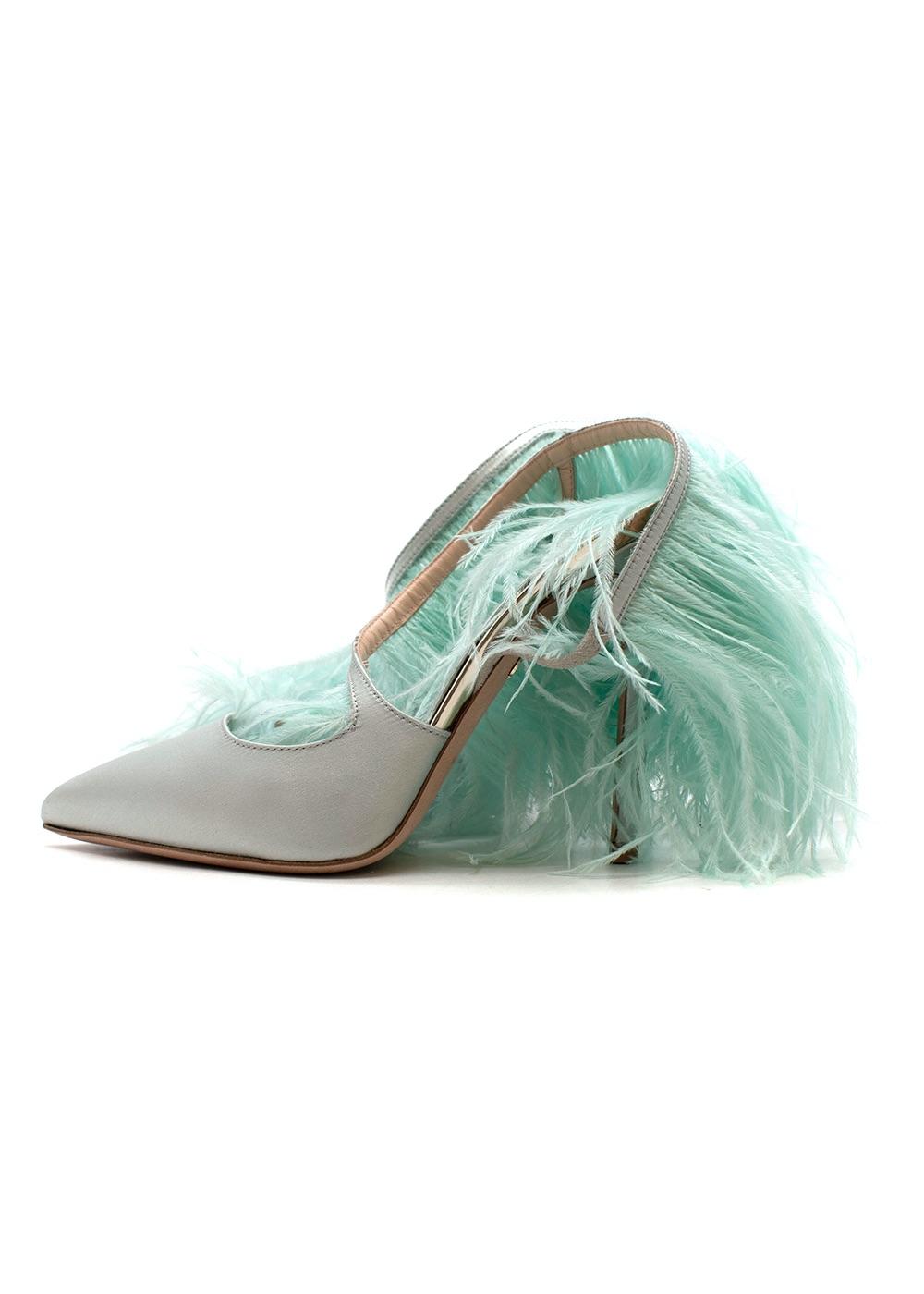 Green Ostrich Feather Satin Slingbacks
