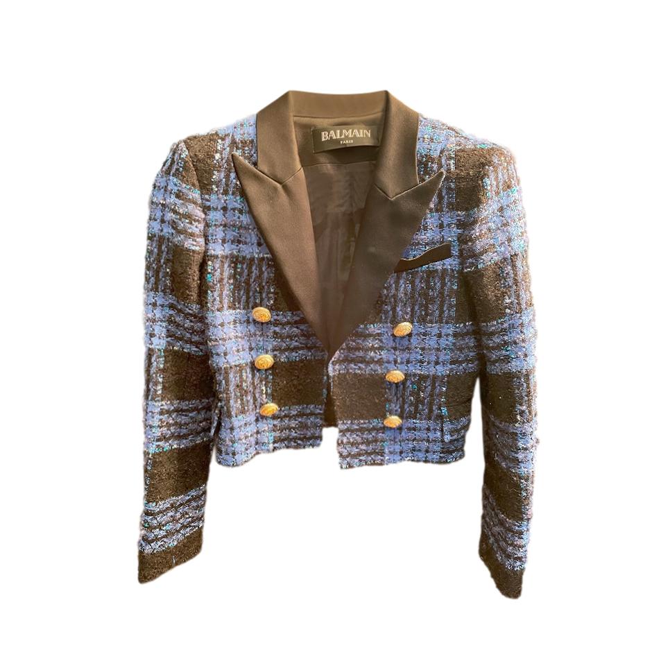 Balmain Blue & Black Check Crop Tailored Jacket