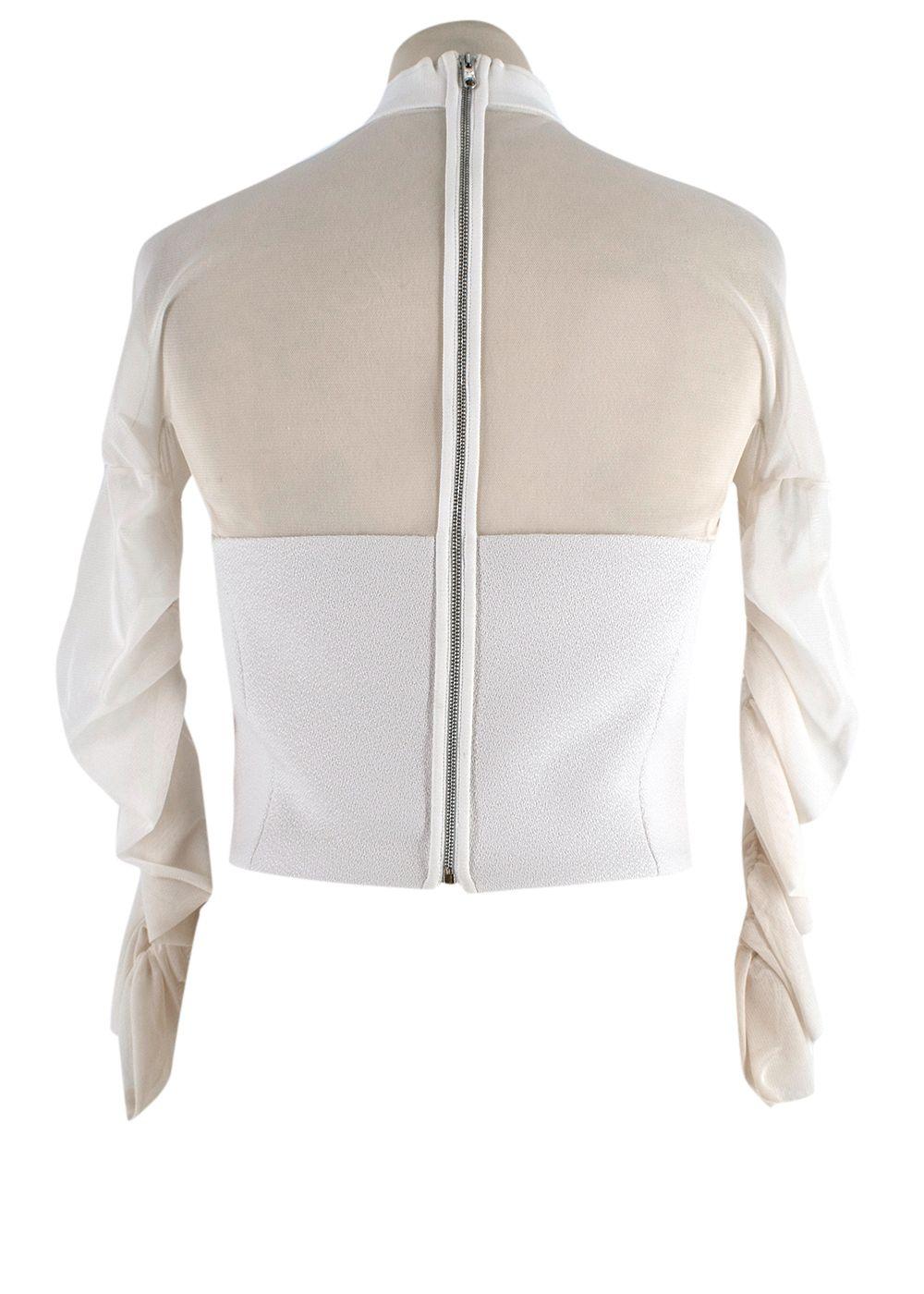 Balenciaga White Sheer Panel Ruched Sleeve High Neck Top