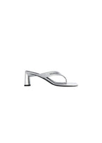 Metallic Silver Leather Square Toe Thong Heeled Sandals