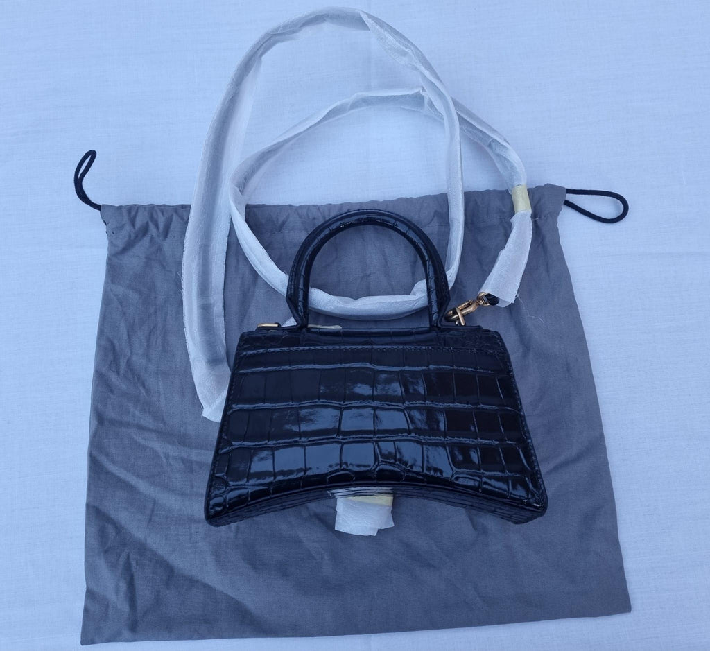 Black Croc XS Hourglass Top Handle Bag