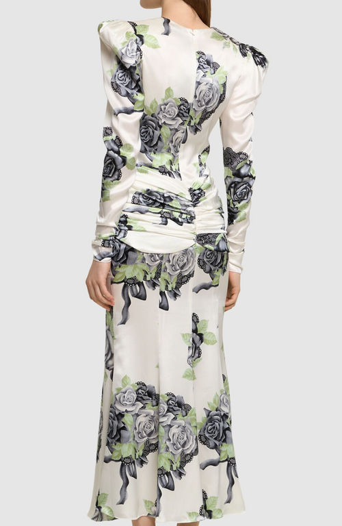 Alessandra Rich Silk Satin Rose Print Midi Dress