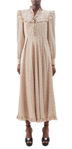 Alessandra Rich Beige Silk Polka Dot Dress with Lace Up Design