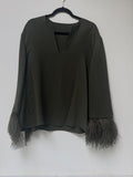 Valentino Khaki Silk Blouse with Feather Trim
