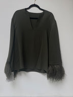 Valentino Khaki Silk Blouse with Feather Trim