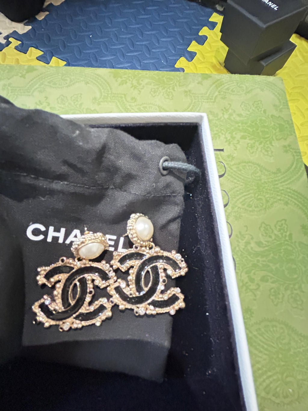 Chanel Black Double CC Earrings with Faux Pearl Detail