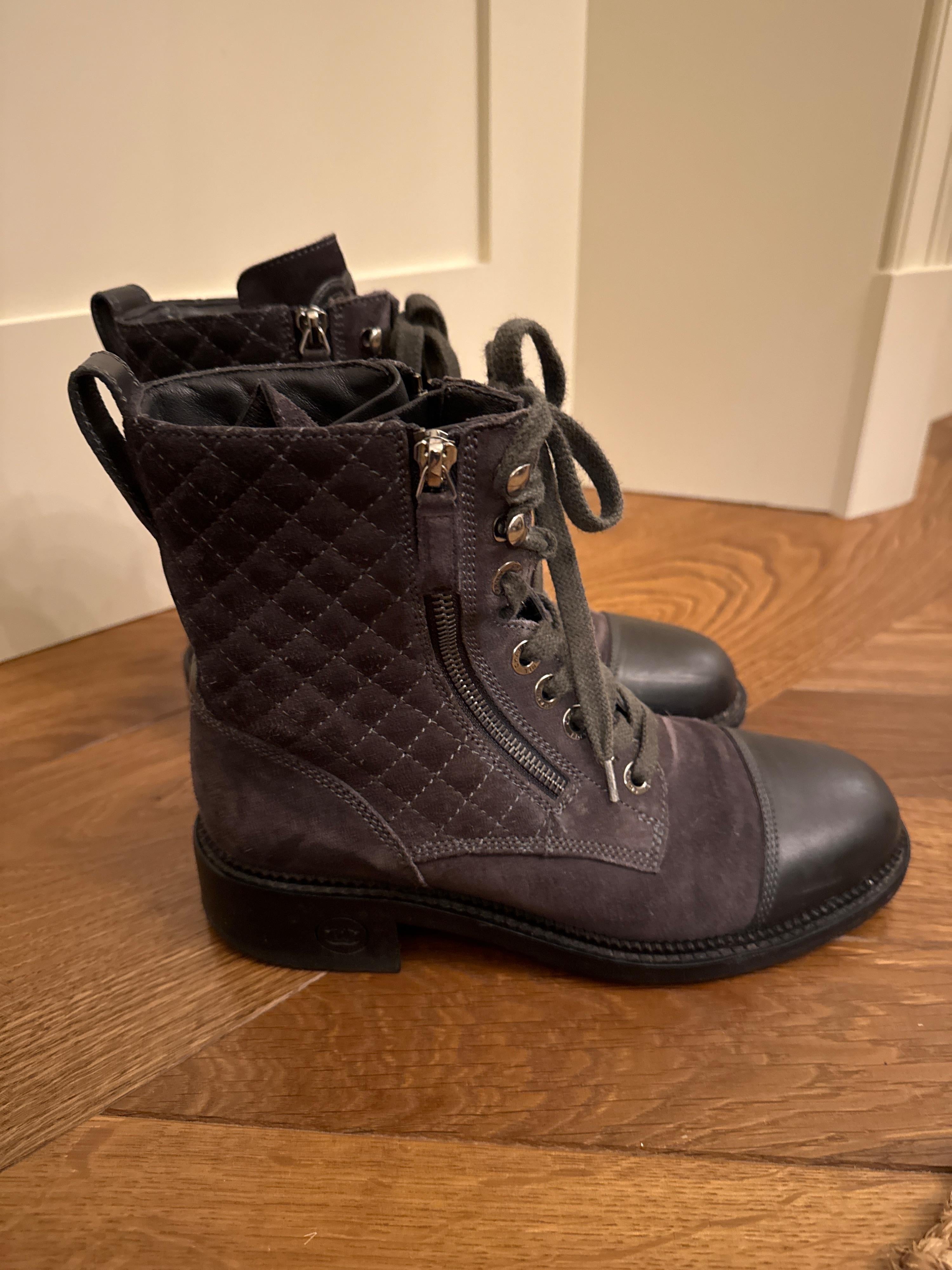 Chanel Grey Suede and Leather Combat Boots