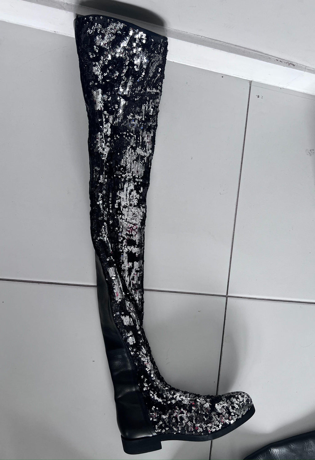 Black Leather Sequinned Over the Knee Boots